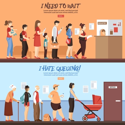 Queue horizontal banners set with people and registry service flat isolated vector illustration