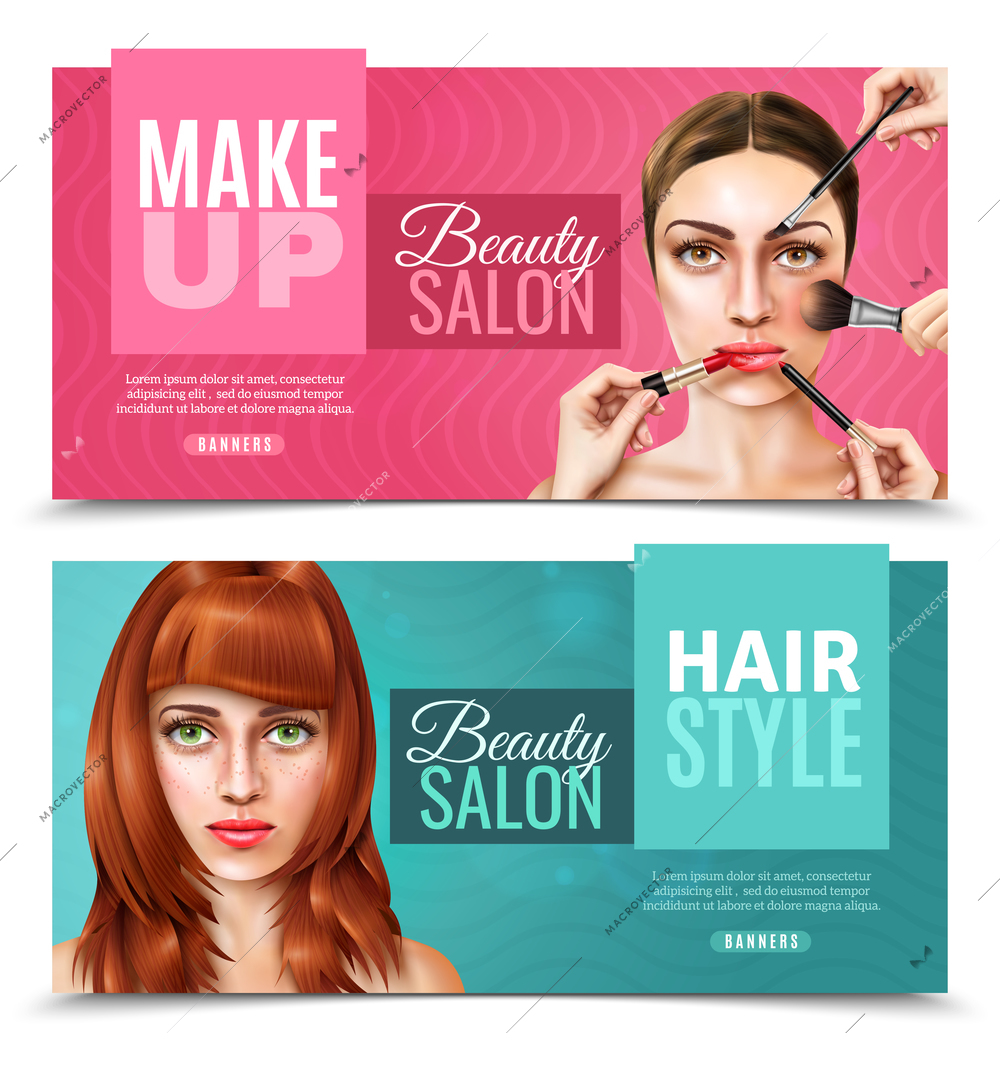 Horizontal beauty salon banners in pink and blue color with pretty female model faces realistic isolated vector illustration