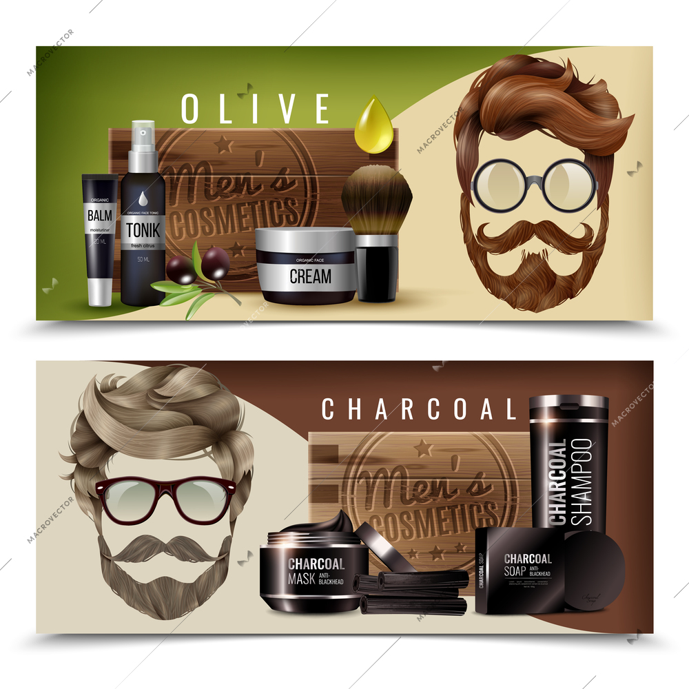 Horizontal realistic banners set with natural olive and charcoal cosmetics for men isolated vector illustration