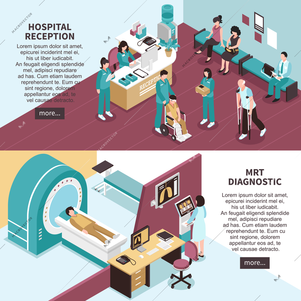 Hospital banners set with hospital reception symbols horizontal isometric isolated vector illustration