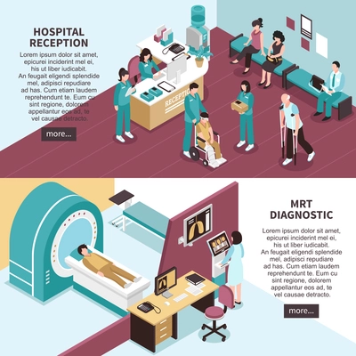 Hospital banners set with hospital reception symbols horizontal isometric isolated vector illustration