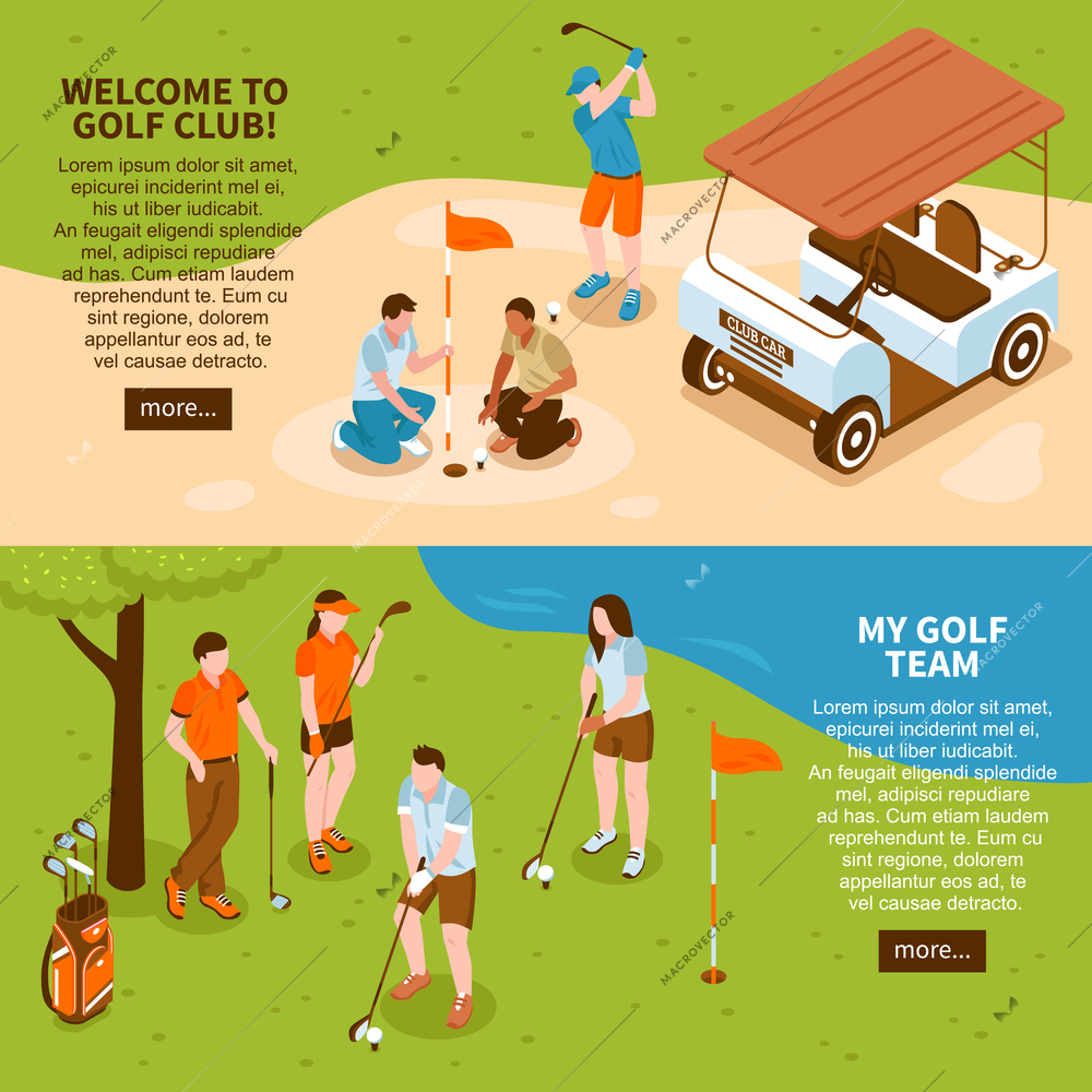 Golf isometric horizontal banners set with golf team symbols isolated vector illustration