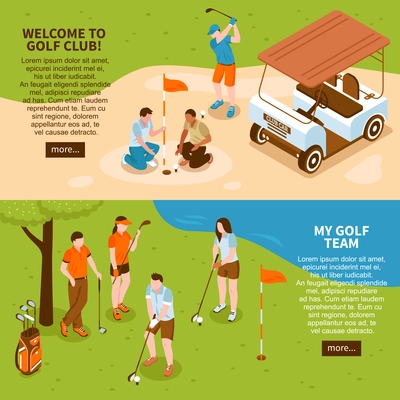 Golf isometric horizontal banners set with golf team symbols isolated vector illustration