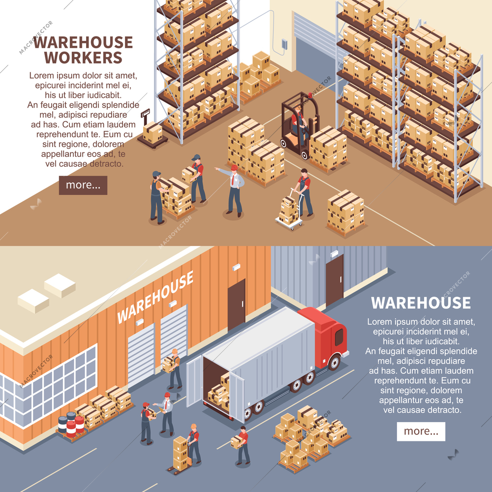 Warehouse horizontal banners set with delivery symbols isometric isolated vector illustration