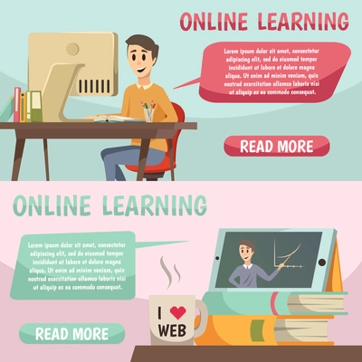 Online education banners In comics style with image of lecturer in tablet student at monitor and speech bubbles flat vector illustration