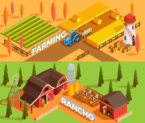 Isometric horizontal farm banners with farmhouses agricultural vehicles domestic animals and mills 3d isolated vector illustration