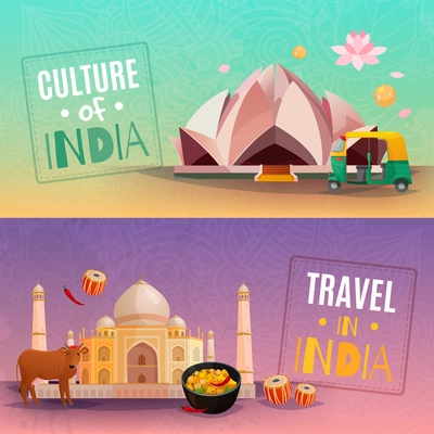 Culture of india horizontal banners set with taj mahal and lotus temple cartoon isolated vector illustration