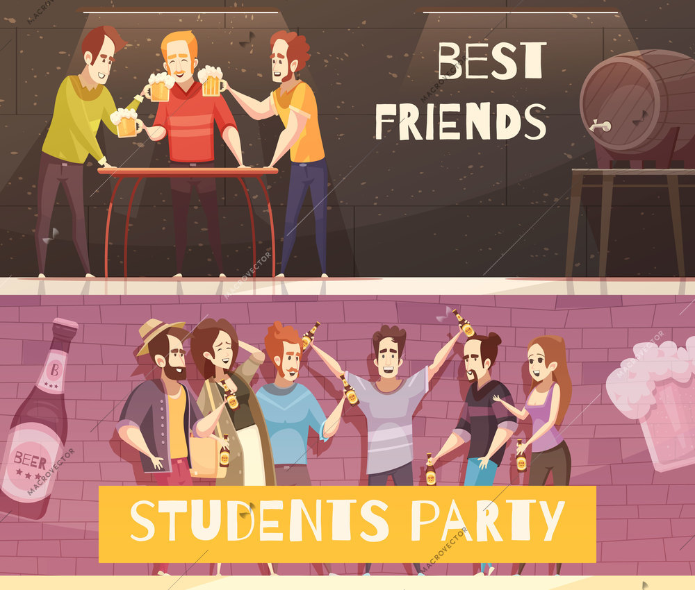 Students beer party horizontal banners with groups of young people in hipster clothes meeting in bar pub or cafe interior flat vector illustration