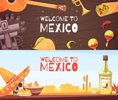 Welcome to mexico horizontal banners with national cultural and culinary elements flat vector illustration