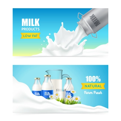 Milk product horizontal banners set with steel cream can glass bottles and flowers images with text vector illustration