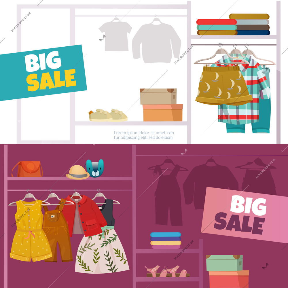 Horizontal banners set with big sale of fashionable clothes for children flat isolated vector illustration