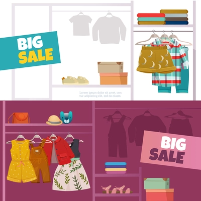 Horizontal banners set with big sale of fashionable clothes for children flat isolated vector illustration