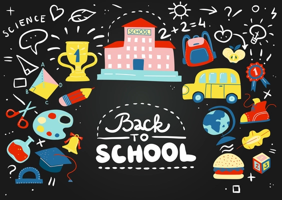 Colored cartoon school chalkboard composition with childrens chalk drawn doodles and phrases vector illustration