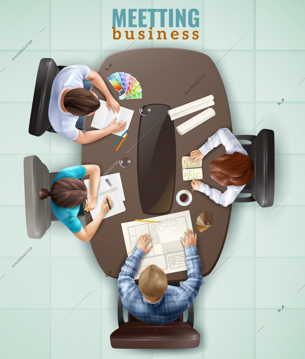 Group of people having business meeting at office top view realistic vector illustration