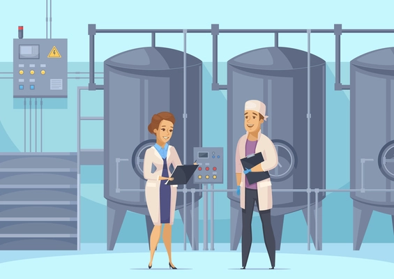 Dairy production cartoon composition with factory workers on background of tanks for milk pasteurization vector illustration