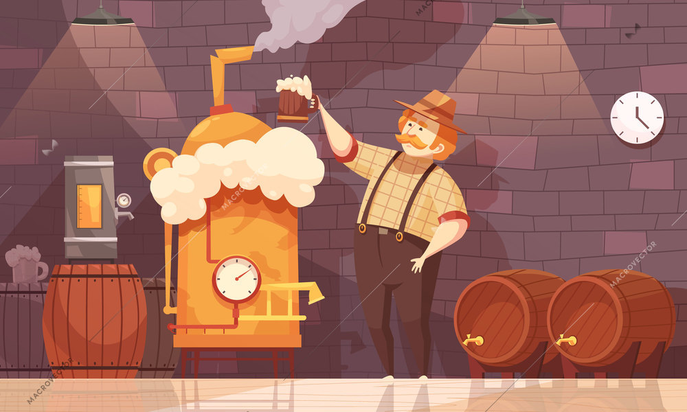 Brewer in own brewery demonstrating beer production near barrels and plant equipment  flat cartoon vector illustration