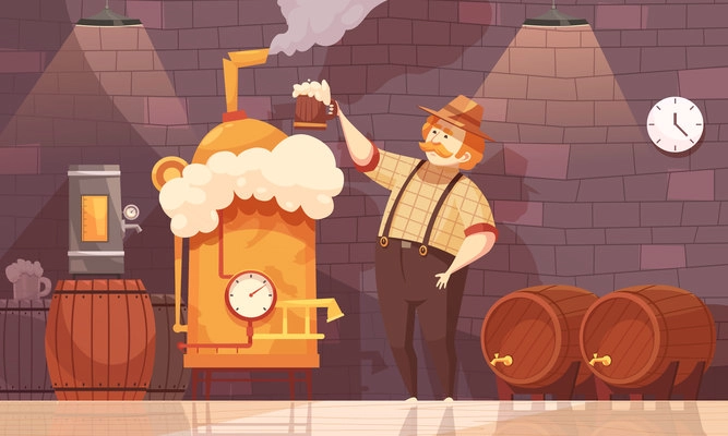 Brewer in own brewery demonstrating beer production near barrels and plant equipment  flat cartoon vector illustration
