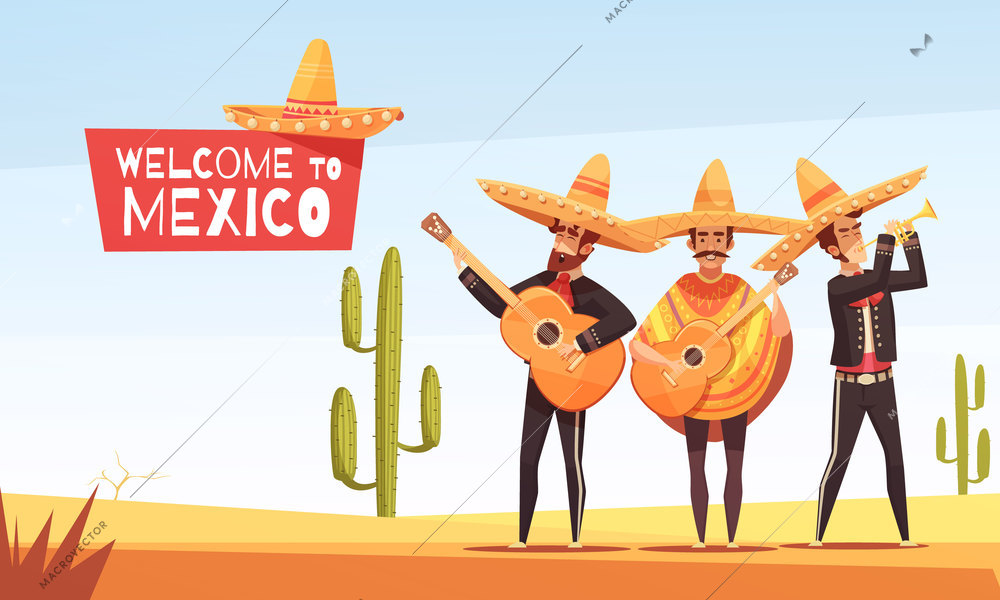 Mexican musicians vector illustration with three men with guitars in native clothes and sombrero flat vector illustration