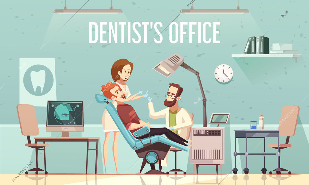 Dentists office cartoon vector illustration with with stomatological equipment patient in chair doctor and assistant