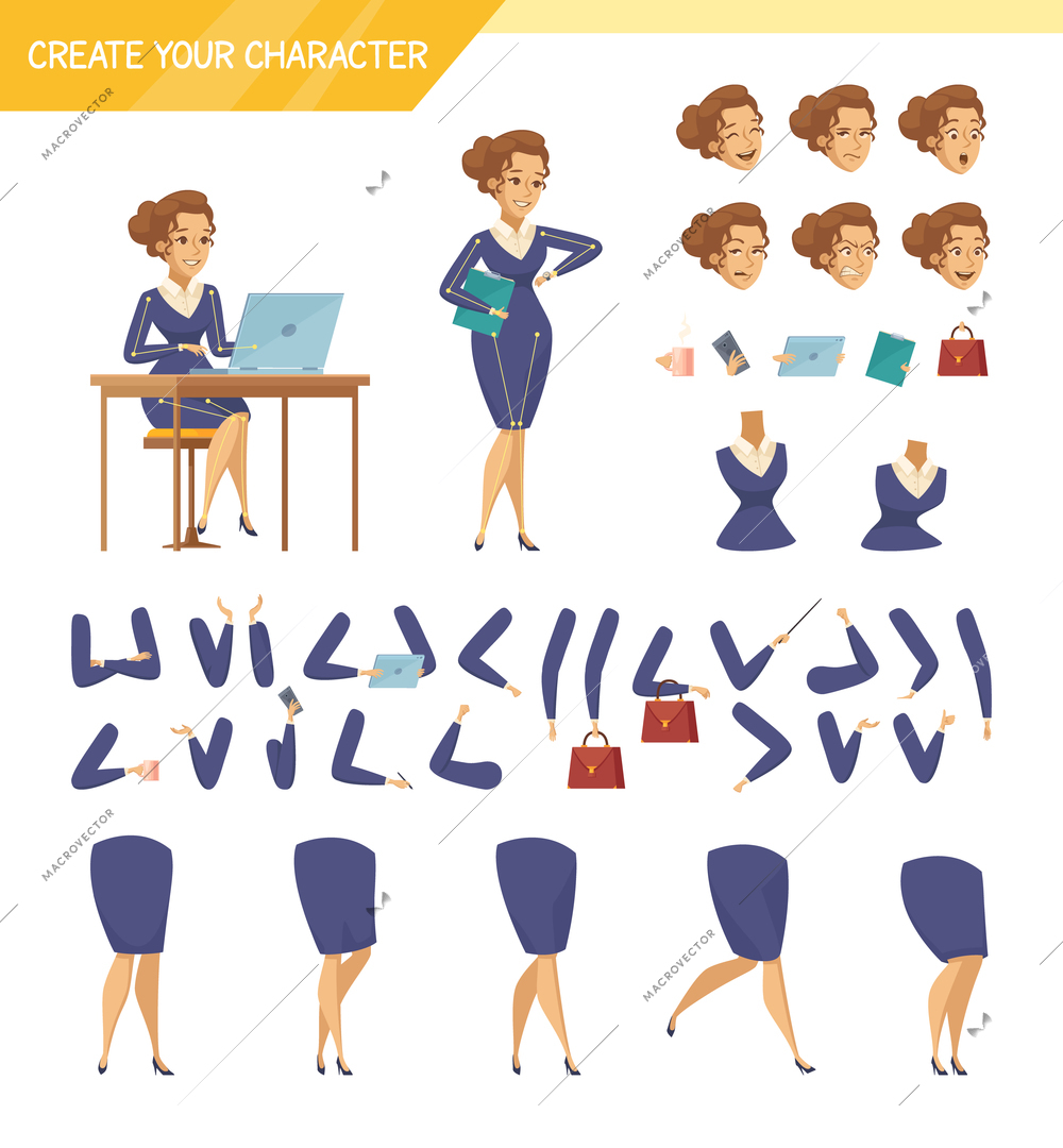 Office female worker character creator constructor elements collection with hands legs heads and accessories isolated vector illustration