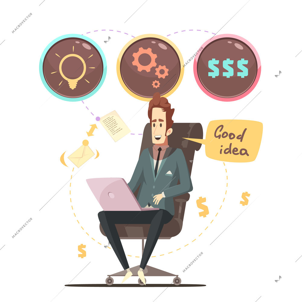 Successful business project manager in office armchair with good ideas bubbles icons retro cartoon poster vector illustration