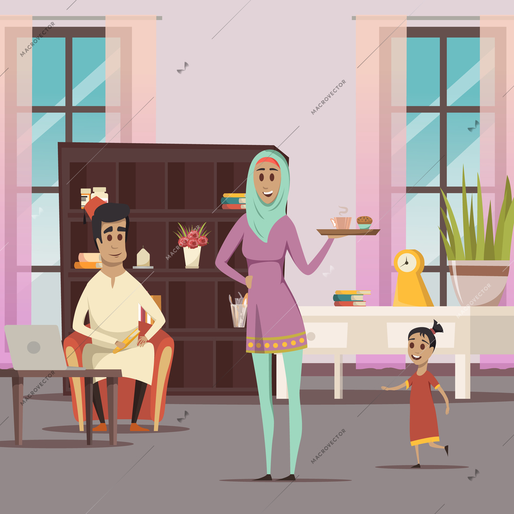 Arabic woman and family background with husband and child flat vector illustration