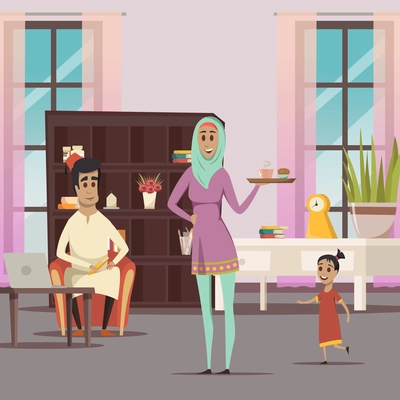 Arabic woman and family background with husband and child flat vector illustration