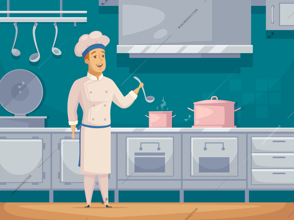 Yacht cruise ship crew cook cartoon character in galley kitchen preparing food poster abstract retro vector illustration