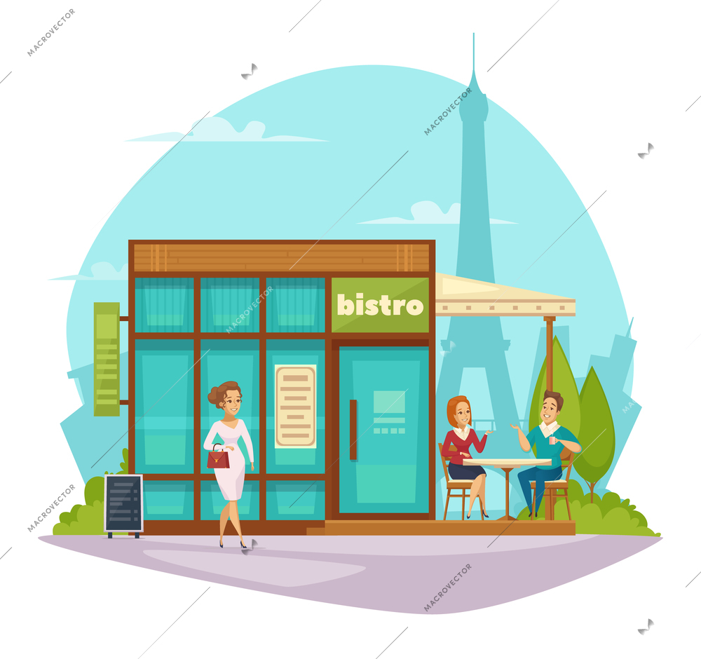 Street cafe bistro summer terrace awning flat composition with customers and eiffel tower on background  vector illustration