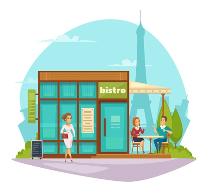 Street cafe bistro summer terrace awning flat composition with customers and eiffel tower on background  vector illustration