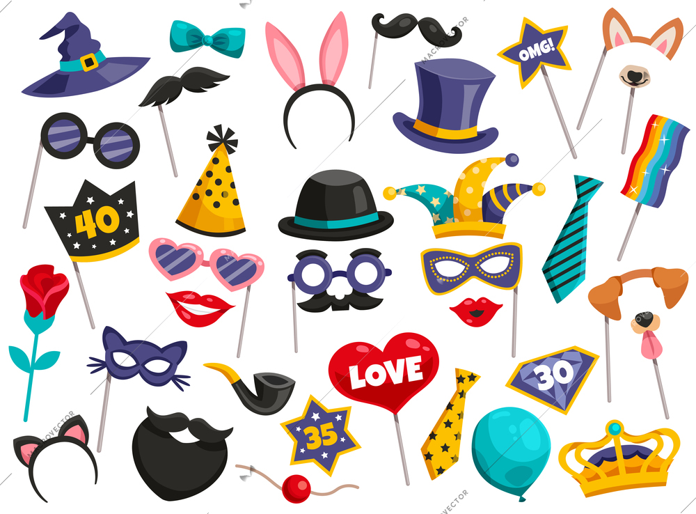 Colored isolated photo booth party icon set scattered mustaches masks hats on white background vector illustration