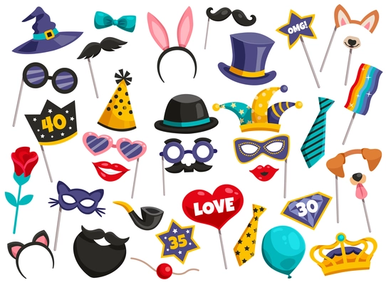 Colored isolated photo booth party icon set scattered mustaches masks hats on white background vector illustration