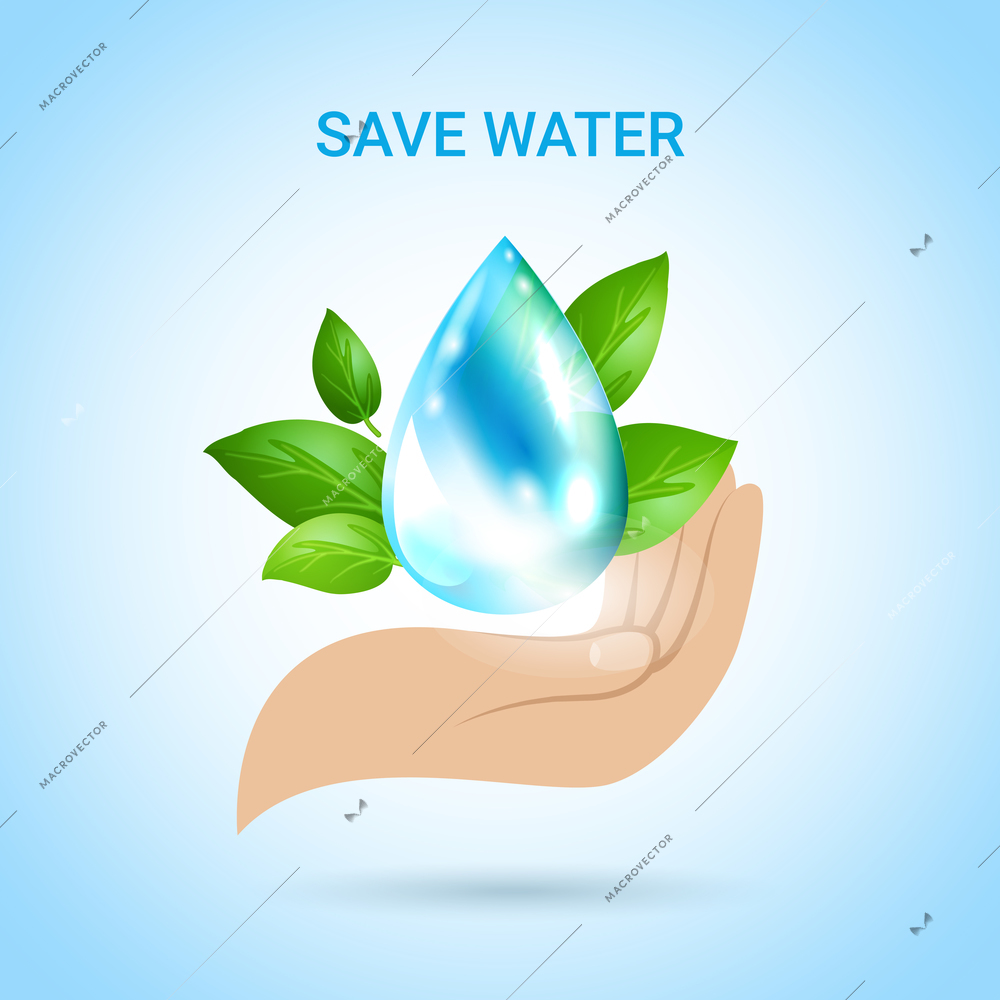 Save water background in realistic style with human hand and drop of pure water decorative icons vector illustration