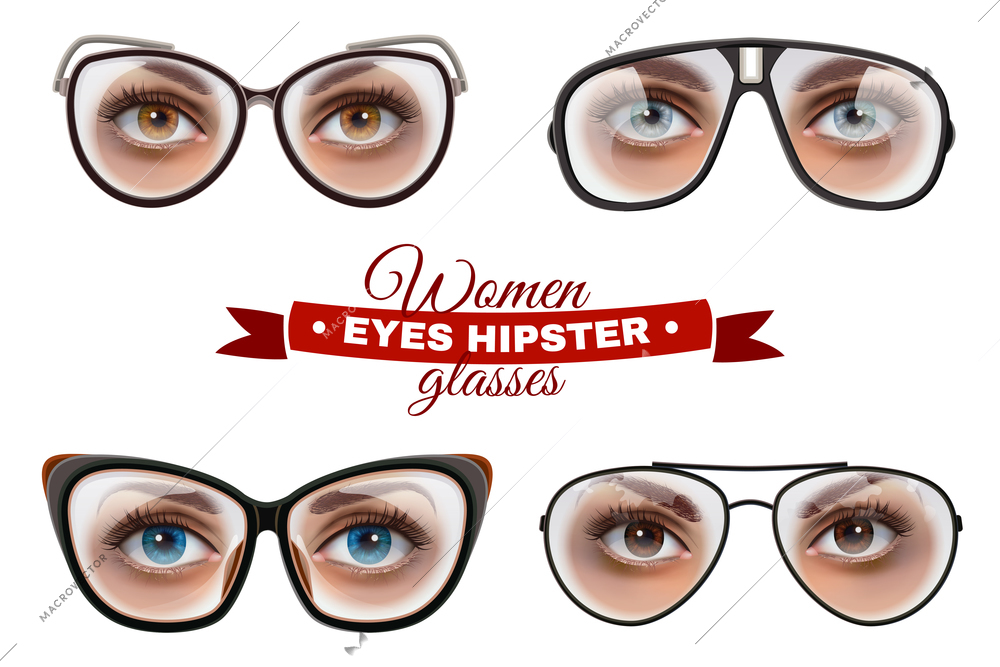 Women eyes hipster glasses collection background with decorative text and isolated images of female eyes in spectacles vector illustration