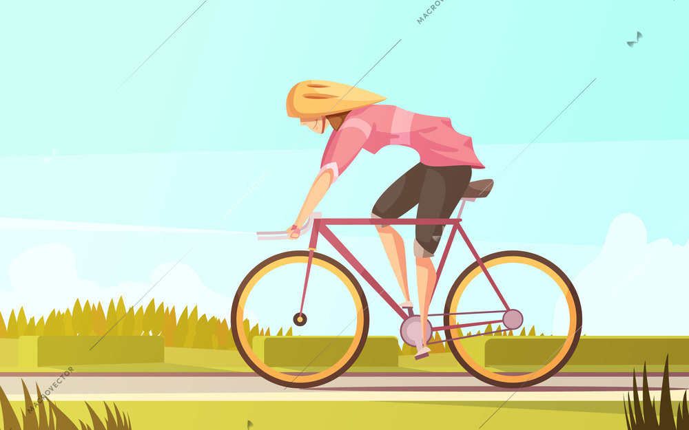 Sportswoman retro cartoon composition with flat female character riding bike in bicycle helmet with suburban scenery vector illustration