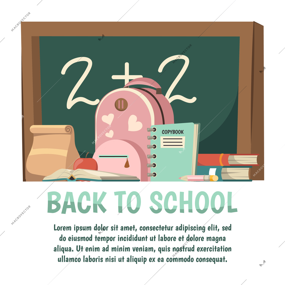 School orthogonal background with back to school headline and chalkboard pink backpack vector illustration