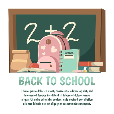 School orthogonal background with back to school headline and chalkboard pink backpack vector illustration