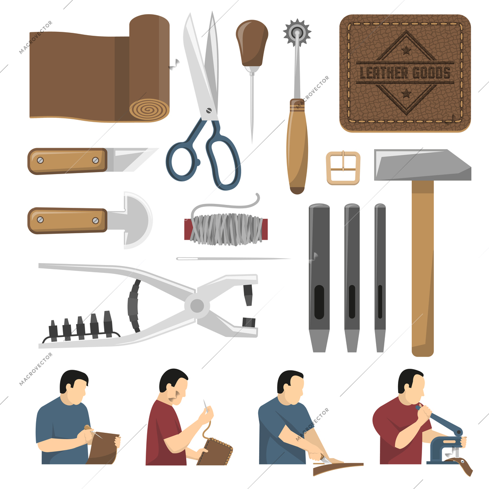 Skinner tools decorative icons set used for scribing cutting sewing leather goods flat vector illustration