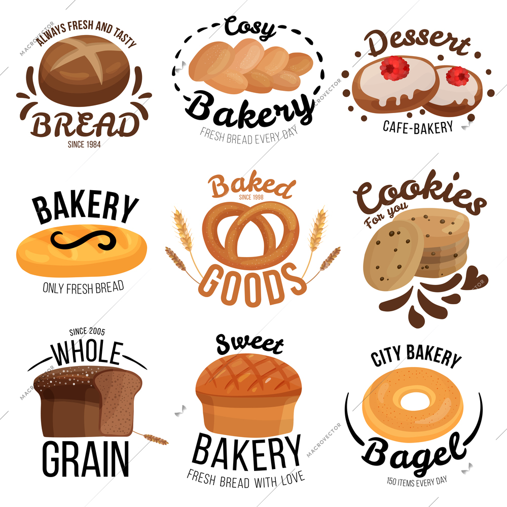 Bakery set of emblems with ears of cereal, flour products, calligraphic lettering, design elements isolated vector illustration