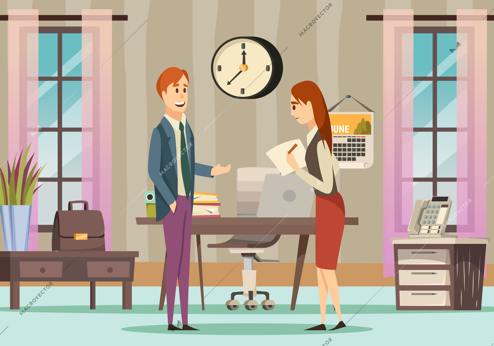 Office colored orthogonal background with two employers discussing in room next to the table vector illustration