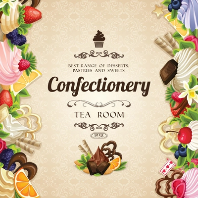 Sweets desserts food confectionery tea room cover vector illustration