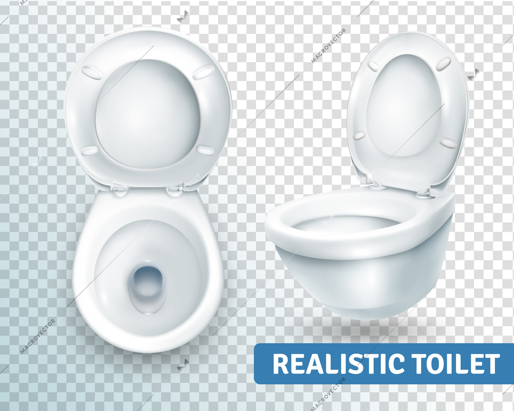 Realistic toilet transparent set with two isolated images of white toilet bowl view from different angles vector illustration