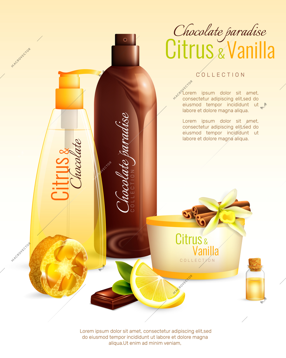 Handmade body cosmetics with nutritive ingredients including chocolate, citrus, vanilla and natural sponge ad poster vector illustration