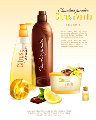 Handmade body cosmetics with nutritive ingredients including chocolate, citrus, vanilla and natural sponge ad poster vector illustration