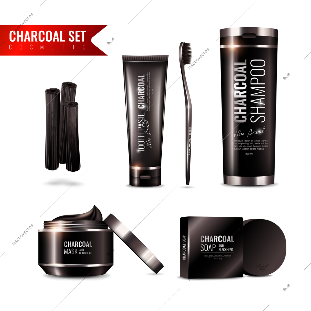 Charcoal cosmetics set with tooth brush and paste, shampoo, mask, soap on white background isolated vector illustration