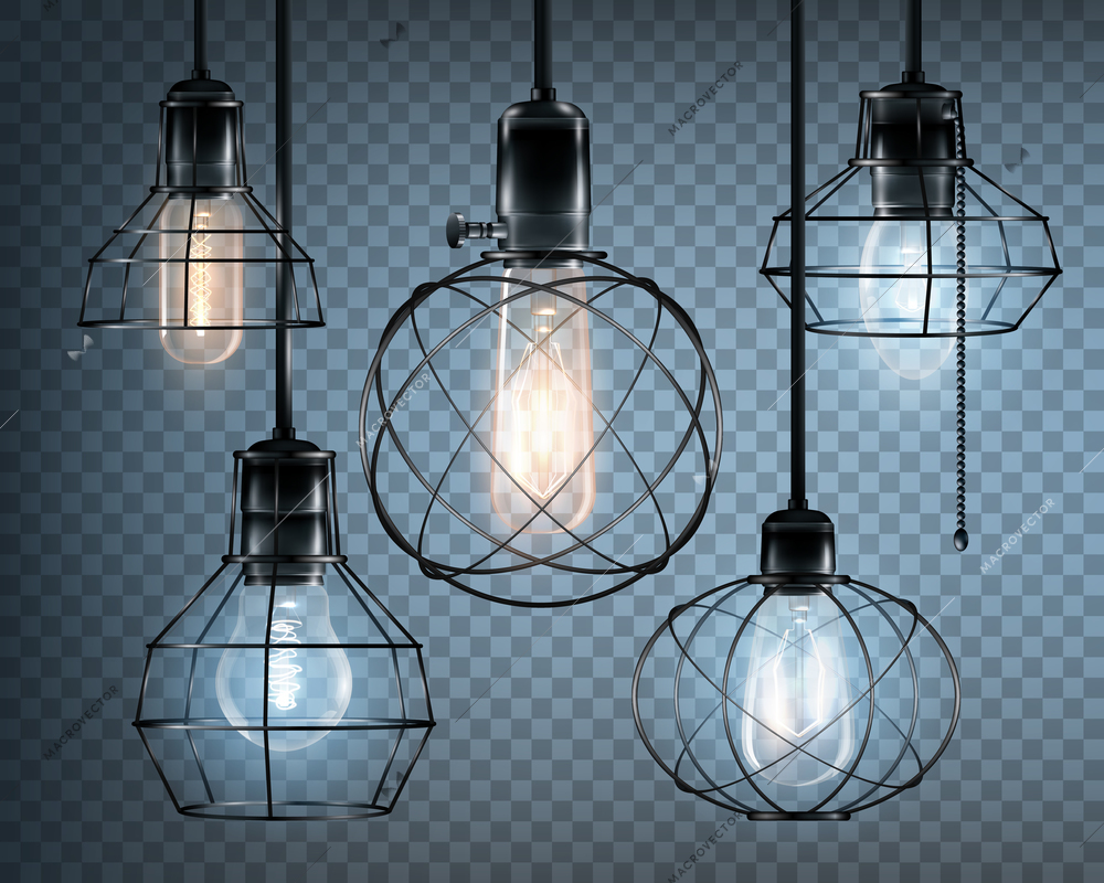 Colored realistic loft style lights icon set with glowing light bulbs on transparent background vector illustration