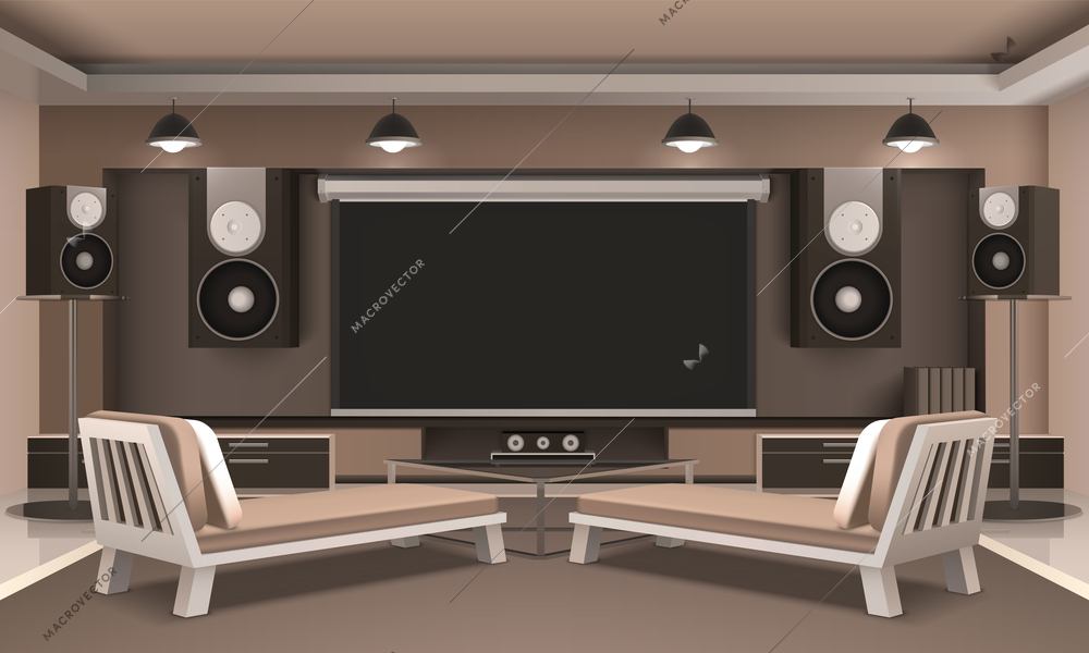 Modern home theater interior with audio and video equipment, couches, journal table, hanging lamps 3d vector illustration