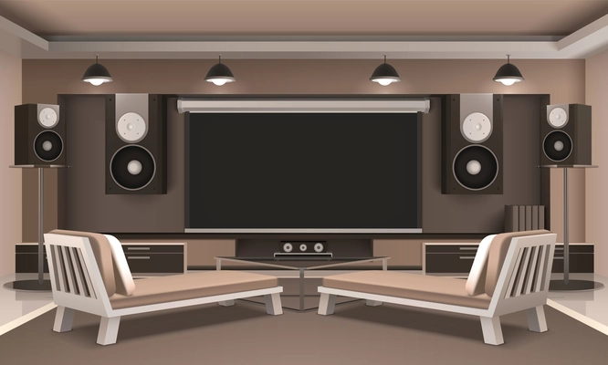 Modern home theater interior with audio and video equipment, couches, journal table, hanging lamps 3d vector illustration