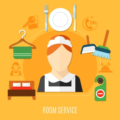 Room service in hotel design concept with maid figurine in uniform double bed room keys towel on hanger flat icons vector illustration