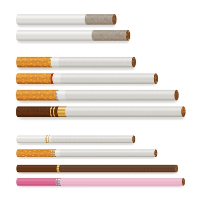 Various cigarettes of different size and color realistic set isolated on white background vector illustration